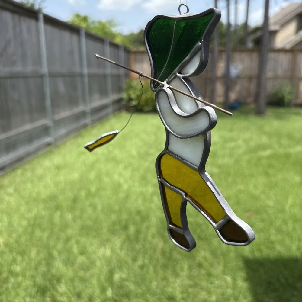 Vintage Stained Glass Suncatcher Window Decor Boy Man Going Fishing w Pole